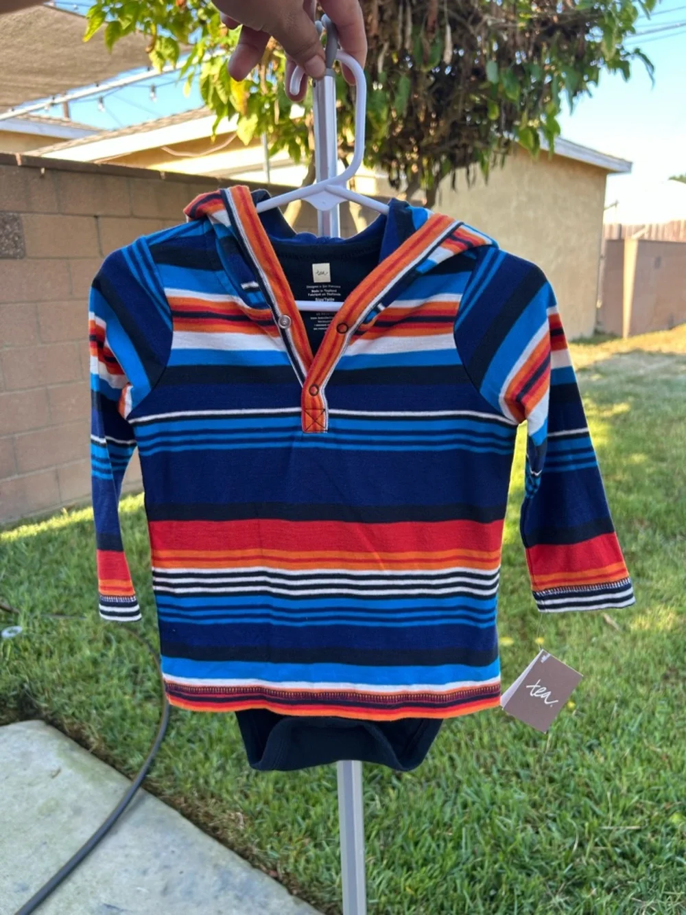 Tea Collection Navy, Blue & Orange Striped Hooded Baby Bodysuit